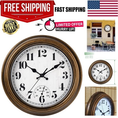 12-Inch Indoor/Outdoor Quartz Wall Clock with Thermometer & Silent Operation