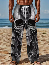 Skull Print - Black  White Graphic Design Pajama Pants, Halloween Theme