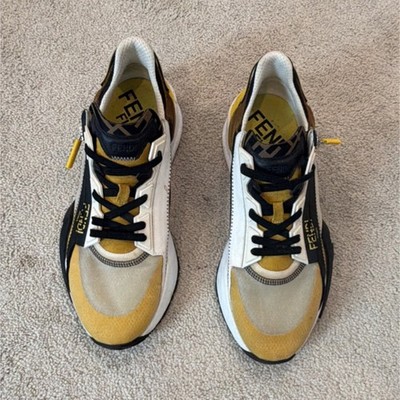 Fendi Men s Flow Low Top Lace-Up Mesh Sneakers White Black Yellow Side Zip