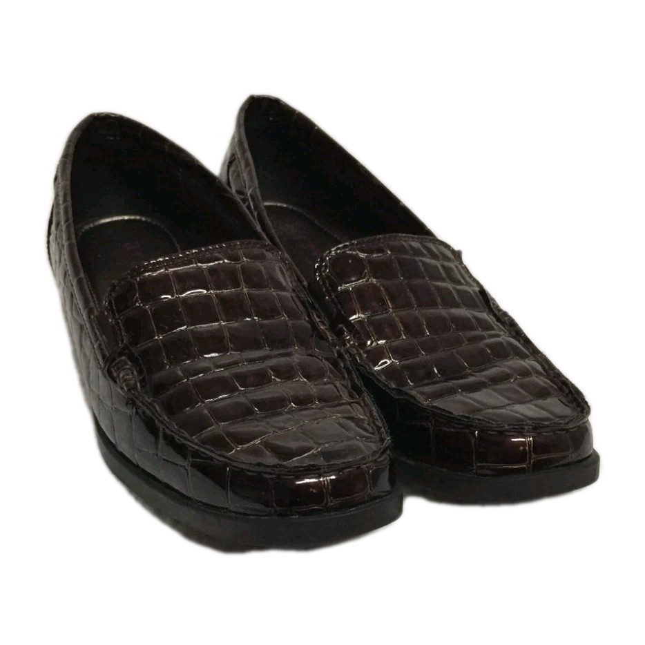 Aravon New Balance Slip On Shoe Womens Sz 8.5 B Brown Patent Croc Print Loafers