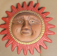 Vintage Terra Cotta Sun Face Clay Folk Art Wall Hanging Sculpture 6.5"