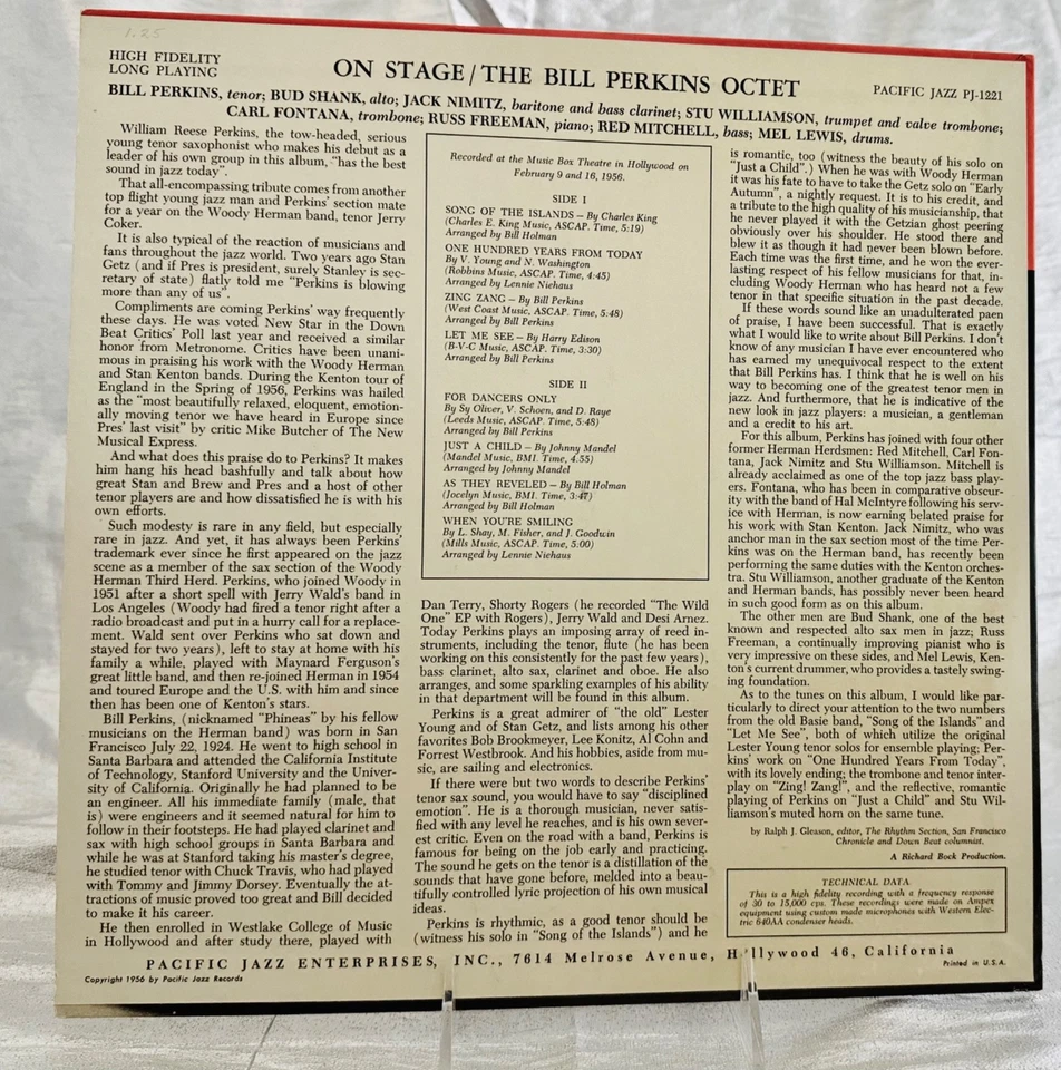 LP: Bill Perkins Octet, On Stage, Pacific Jazz, Mono, deep groove 1956, Cool Jaz - Image 2 of 4