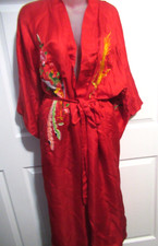 GOLDEN DRAGON Red 100 Silk Hand Embroidered Dragon Peacock Kimono Robe Med
