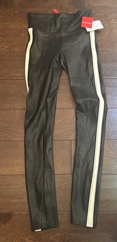 Spanx Black Faux Leather Leggings Side Stripe Women Pants Tummy Control Size XS - 第 1/5 張圖片