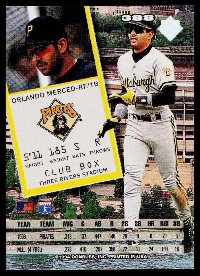1994 Leaf #388 Orlando Merced Pittsburgh Pirates - Image 2 of 2