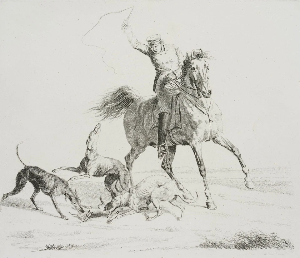 F. KRÜGER (1797-1857), Reiter und Jadghunde, um 1818, Lithographie Romantik - Bild 4 von 4