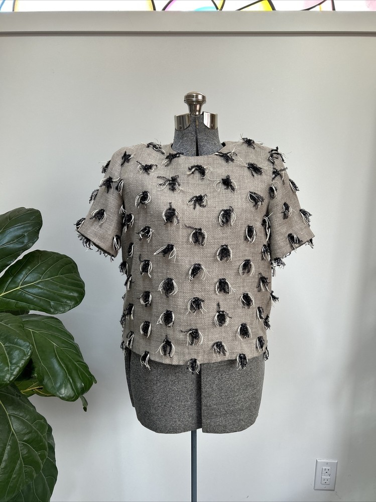 MSGM Milano Linen Blend Top Short Sleeve Fringe Texture Size 40 Made In Italy
