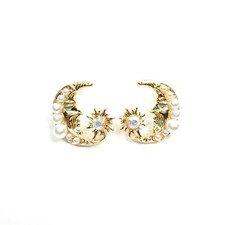 E0315 Gold Tone Metal Pearl Accented Half Moon Star Shape Stud Post earrings
