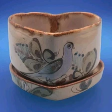 Tonala Ken Edwards Heart Shape  Trinket Dish & Planter Blue Bird Mexico Signed 