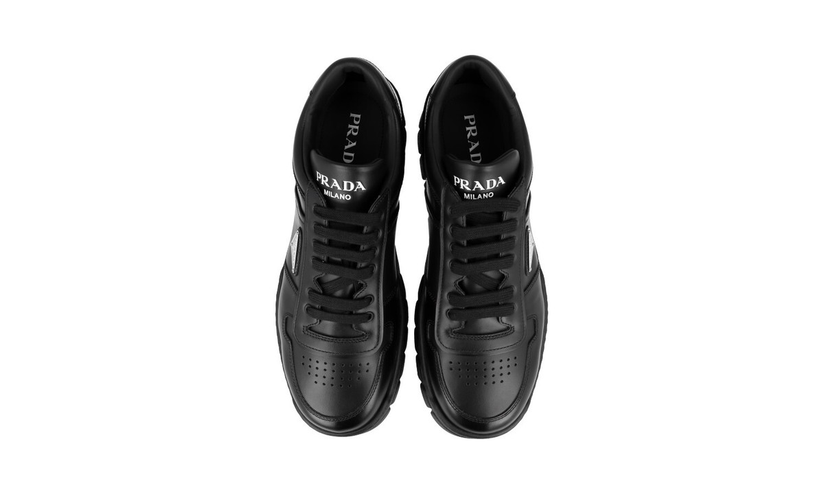 PRADA LOGO PLAQUE SNEAKERS SHOES 2EE378 BLACK LEATHER NEW US