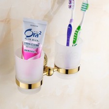 Gold Color Brass Wall Mounted Bathroom Toothbrush Holder with Two Cups ZD772