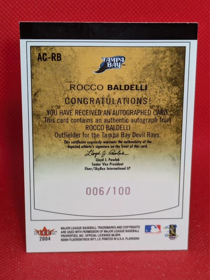 2004 Flair Auto Collection Crown /100 Rocco Baldelli #AC-RB Auto *HEAVY DAMAGE* - Image 2 of 3
