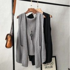 Lady Hoodie Gilet Cardigan Sleeveless Knit Jumpers Sweaters Vest Waistcoat Top