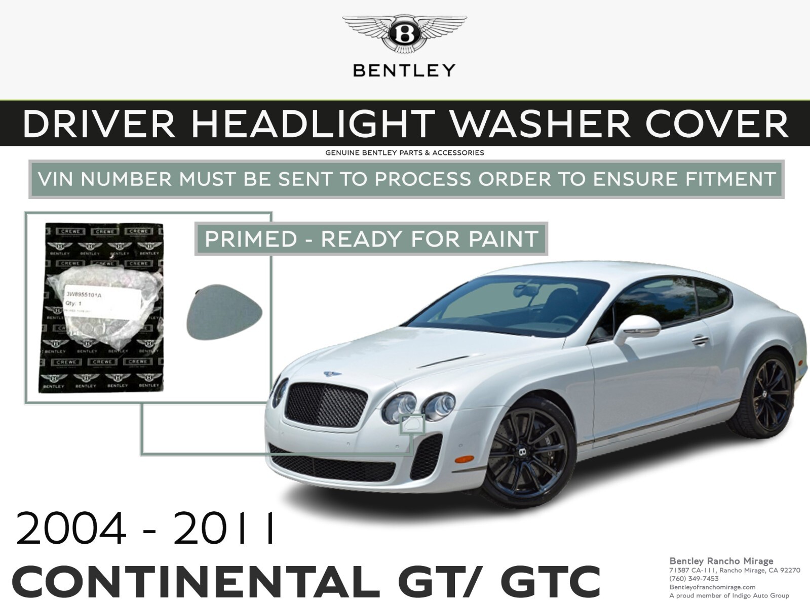 Bentley Continental Gt Gtc Front Left Headlight Washer Cap Cover - Genuine OEM