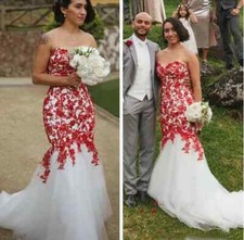 Elegant Mermaid Wedding Dresses Sweetheart Red Applique Sleeveless Bridal Gowns