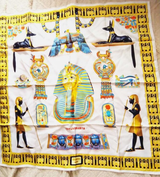 Hermes Scarf Stole Tutankhamun Egypt King Ornament White Silk Auth