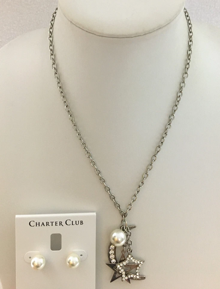 Collar Media Luna Estrellas Imitación Perla Pendientes Charter Club Bolas Tono Plateado Foto 2 de 4