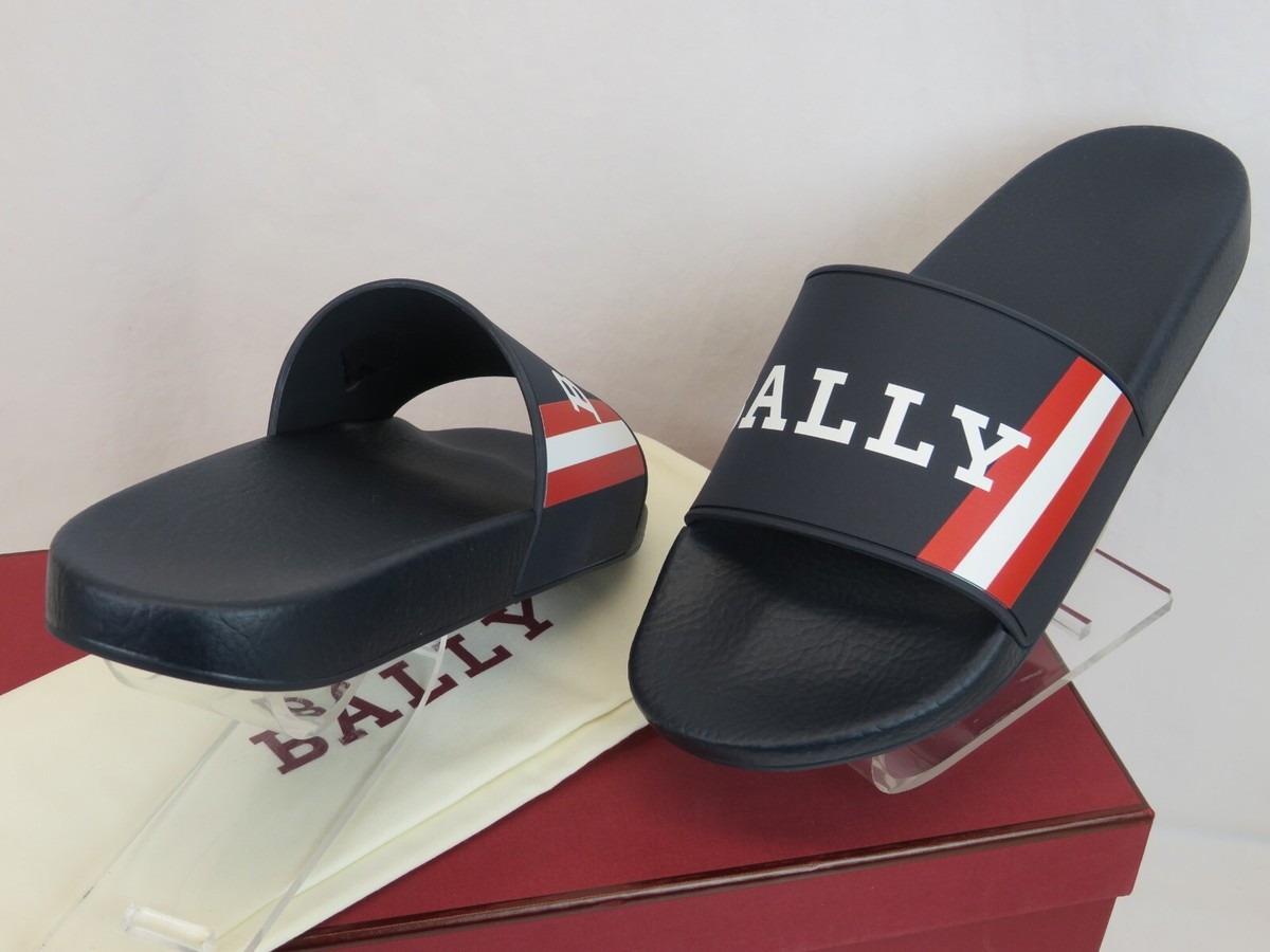 NIB BALLY SIMON BLUE INK RUBBER RED WHITE WEB LOGO SANDAL