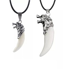 COLLANA CORDA CIONDOLO DENTE DI LUPO LEONE ZANNA DUE DIMENSIONE CACCIA UNISEX