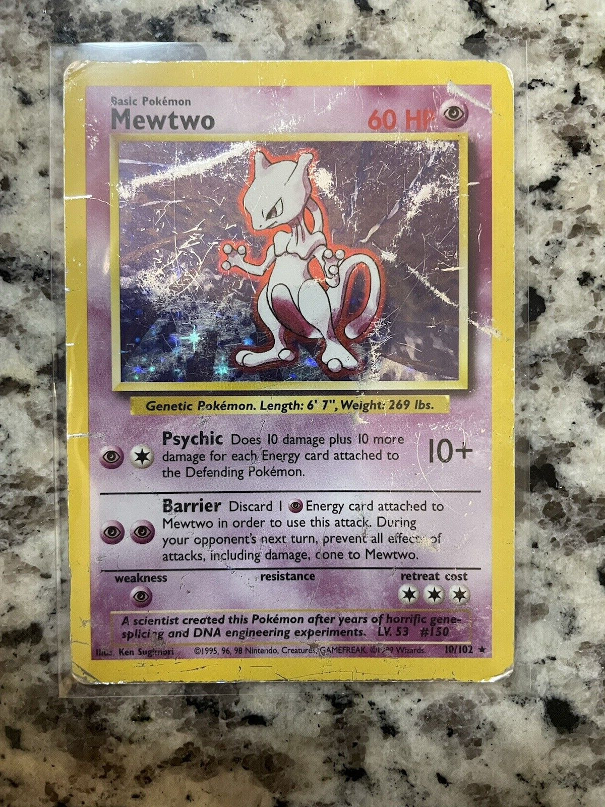 Mewtwo Base Set 10/102  Holo Rare Vintage 1999 - Heavily Played
