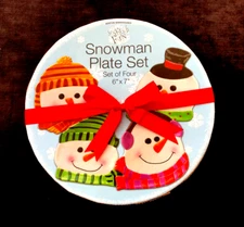 4 SNOWMAN Dessert Appetizer Snack PLATES~Christmas Winter DECOR~Wall Hanger/RACK