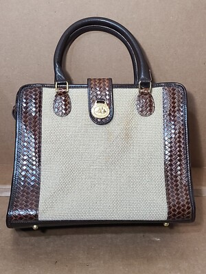 BRAHMIN Harbour Collection Doctor Bag Satchel Brown Burlap/Woven Leather    (P8)