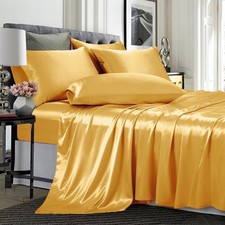 TREELY 6 Piece Queen Size Gold Satin Sheet Set with Deep Pocket, Fitted Sheet...