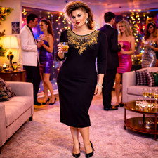 Vintage Black 1980s DRESS Beaded Black Knit Wiggle Party Cocktail GLAM punk S/M