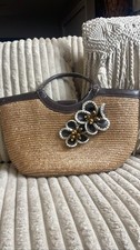 Ann Taylor LOFT Woven Straw Tote Bag Brown Handles 3D Floral Beaded Accents