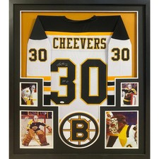 Gerry Cheevers Signed Framed Black Jersey Boston Bruins JSA Autographed