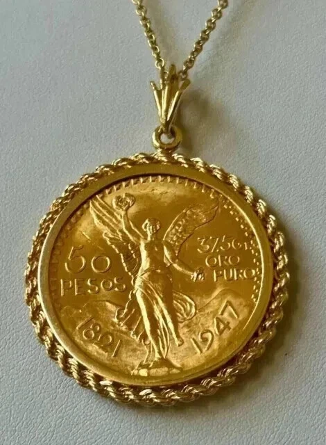 "50 Pesos Moneda Mexican Centenario Custom Year" Pendant 14k Yellow Gold Plated - Image 2 of 4