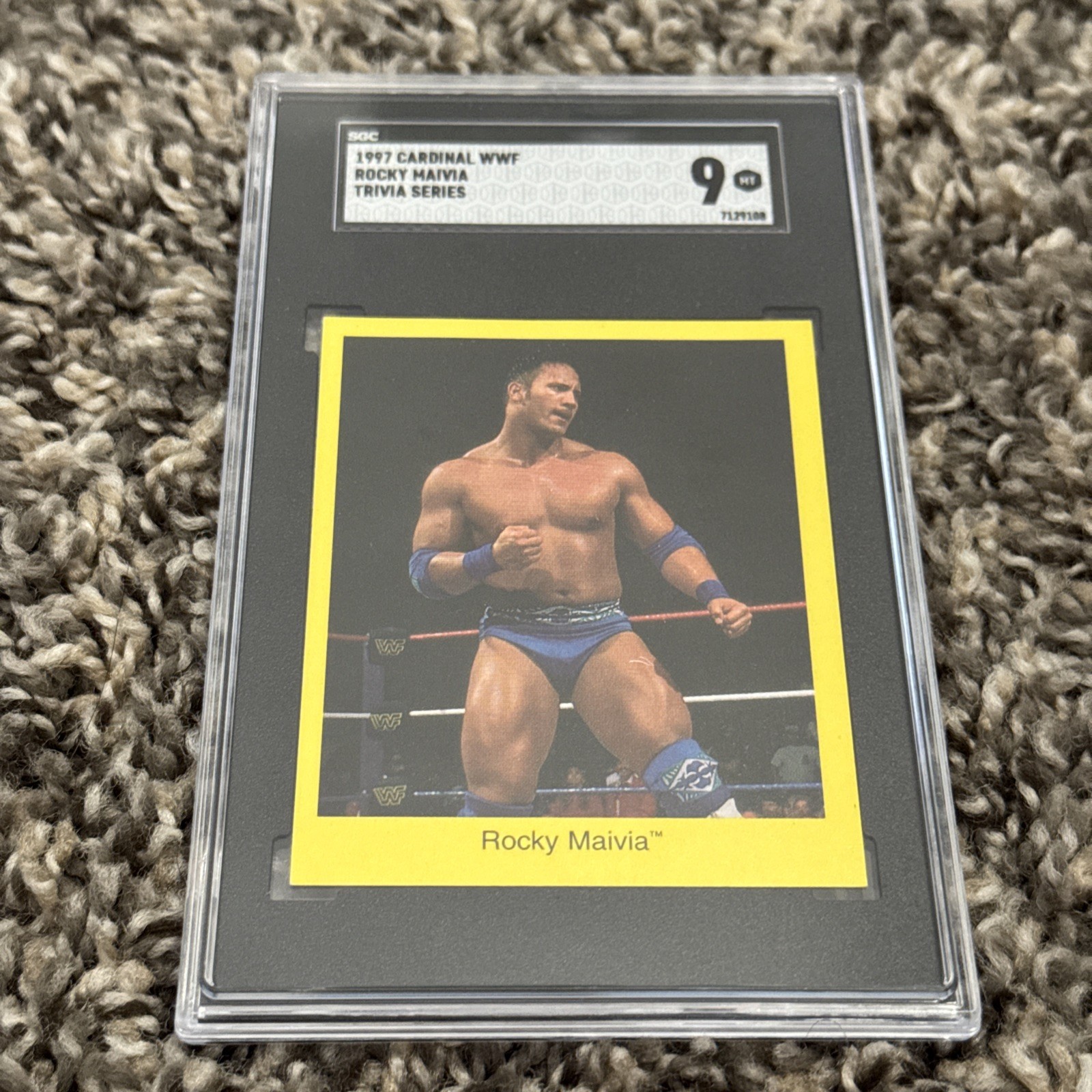1997 Cardinal WWF Rocky Mavia Trivia Series The Rock Rookie SGC 9