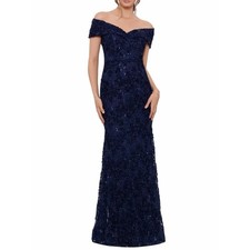 XSCAPE Off The Shoulder Evening Formal Navy Blue Gown Sequins Lace Size 14 NWT