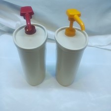 Vintage Tupperware Ketchup  Mustard Pump Dispenser Container Set Made In U.S.A.