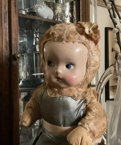 Vintage Wind-Up Ideal Toy Co MECHANICAL  Doll Plush Tin Metal !/2 Label 11”