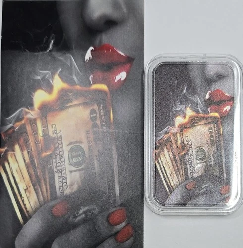 2024 1oz .999 Silver Colorized Bullion Traders Watching Money Burn Bar W/COA