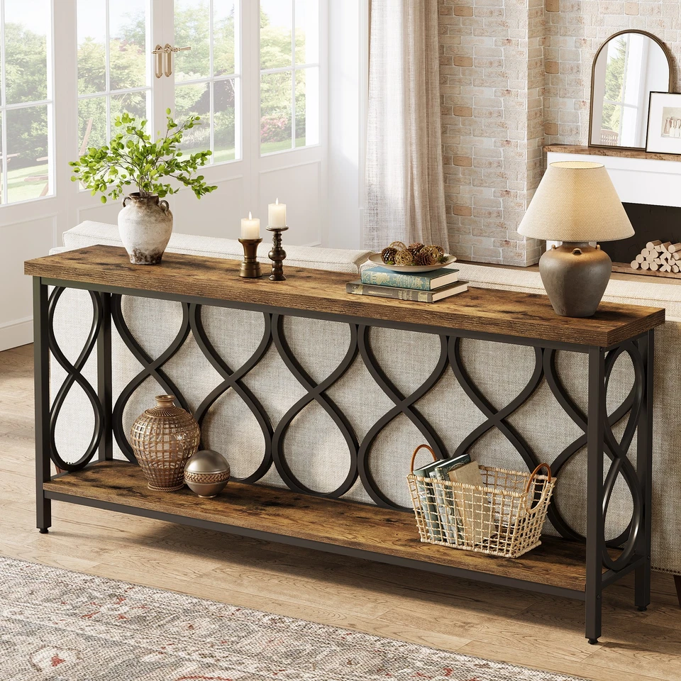 Длинный консольный столик 70,9 дюйма, 2-уровневый промышленный диван-стол с местом для хранения для гостиной - Изображение 4 из 4