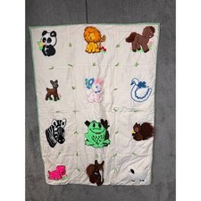 Vintage Handmade Chenille Animal Baby Quilt Reversible Toy Print Green Trim