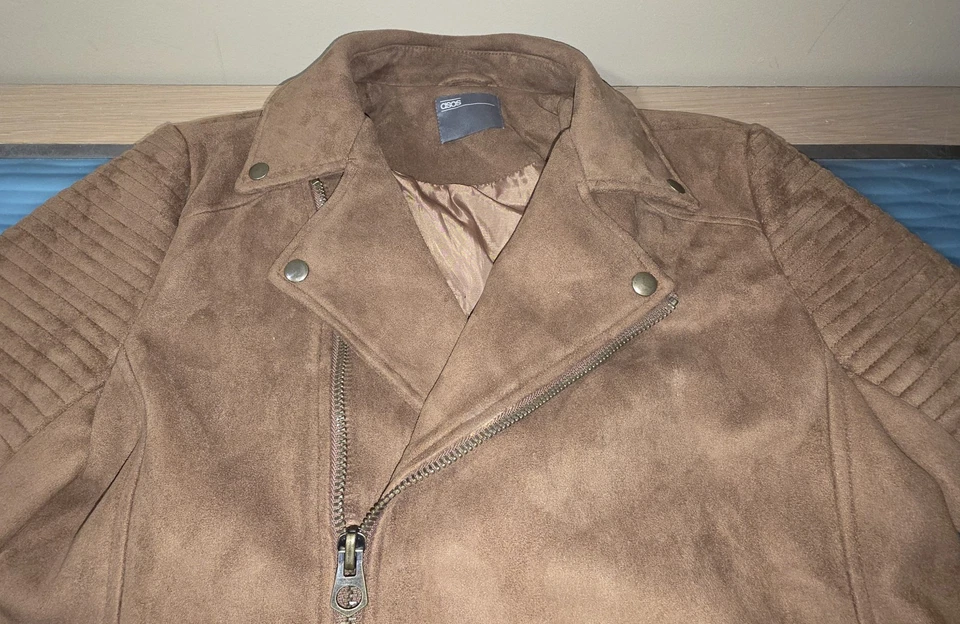 ASOS Faux Suede Moto Biker Jacket Men’s Size Small Camel Tan Zip Up Soft Lined - Image 3 of 4