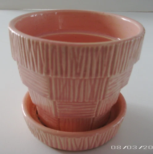 Vintage McCoy Basket Weave 4" Pink Planter with Attached Saucer