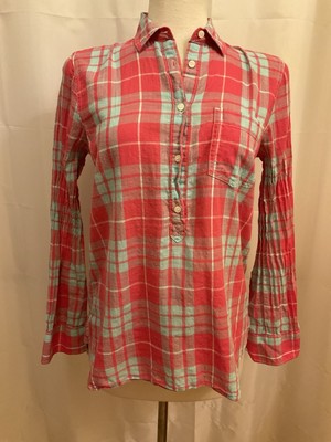 J. Crew Women s 1/2 Button Front Pullover Plaid Blue Pink L/S Cotton Blouse, XS