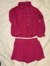 Women  s Medium 2 Piece Lounge Set Button Top  Drawstring Shorts Pink