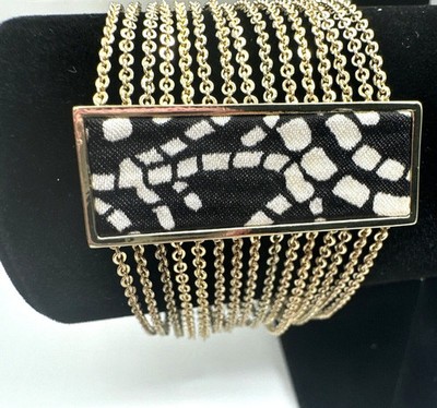 Designer LILY DILLY Black Scroll Bracelet Chains Fabric Rectangle  7 Inch NWT