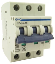 YuCo YC-20-3C Miniature Din Rail Circuit Breaker C-Curve 20-Amp 3P 480VAC 220VDC