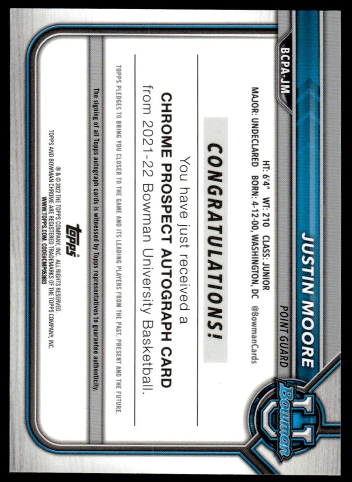 2021-22 BOWMAN UNIVERSITY CHROME RC AUTO JUSTIN MOORE Rookie Auto - Image 2 of 2