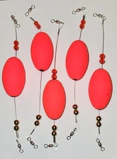 5 Popping Float Rigs, Fire Red, 2-1/2" Oval, Monofilament Leaders, 10" Length