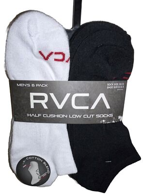RVCA Low Cut Socks 6 Pair Men's 8-12.5 Black White w Red Toe Logo Cushion Skate