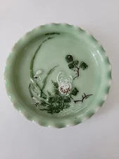 Antique Japanese Celadon Dish White Crab Flower Underwater Scene Marked Signed 