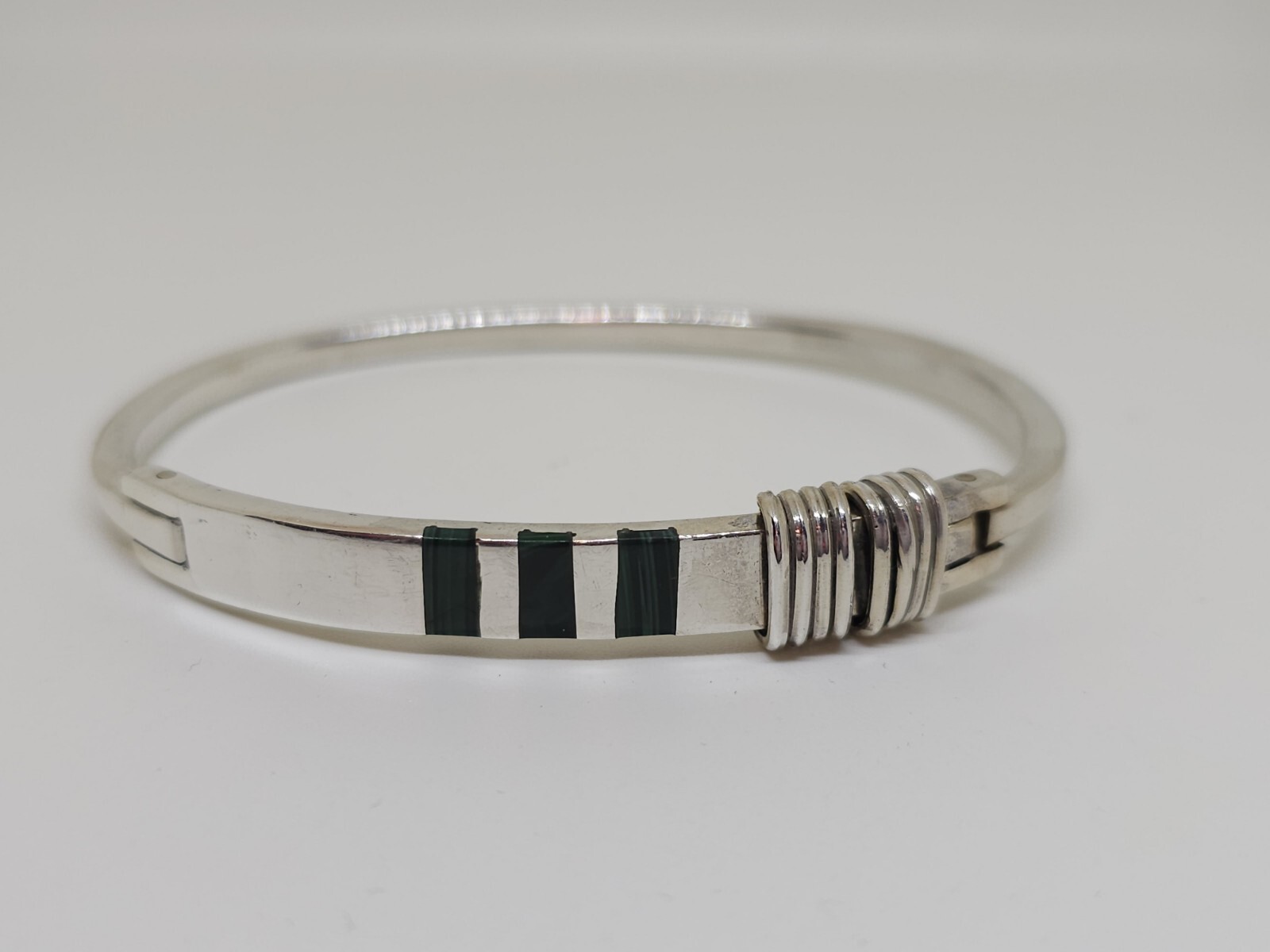 Sterling Silver Hinged Malachite Bangle Bracelet … - image 5