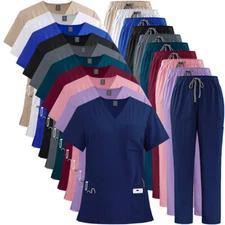 Niaahinn Medical Nurse Uniform Women Men Scrub Set V-Neck Top Straight Pant